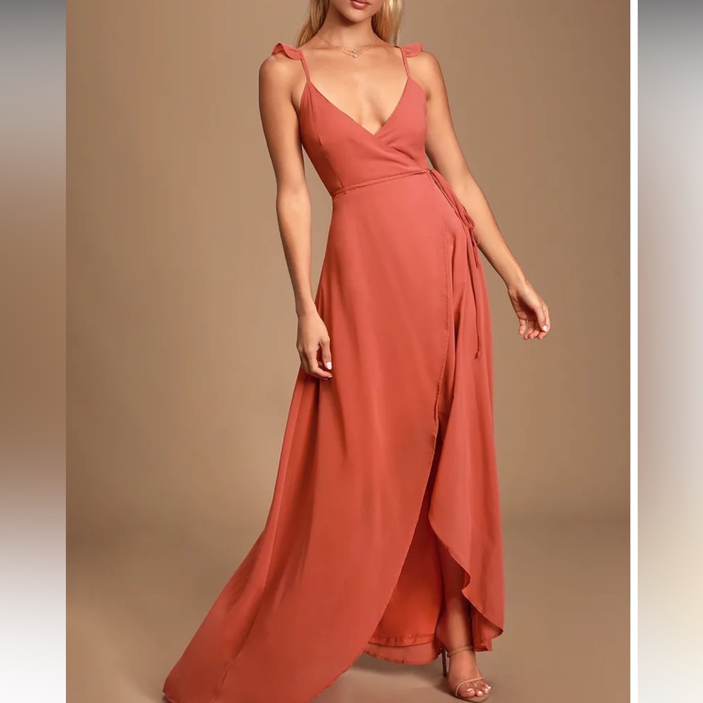 Lulu's Dress Peach Rose Here's To Us Rose High-Low Wrap Dress Size Small